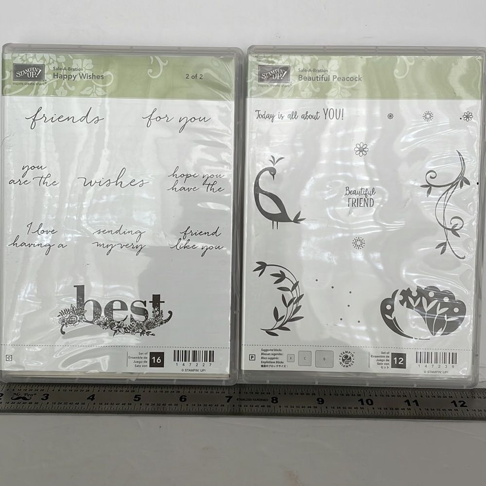 STAMPIN’ UP STAMP SET, 2 sets HAPPY WISHES and BEAUTIFUL PEACOCK